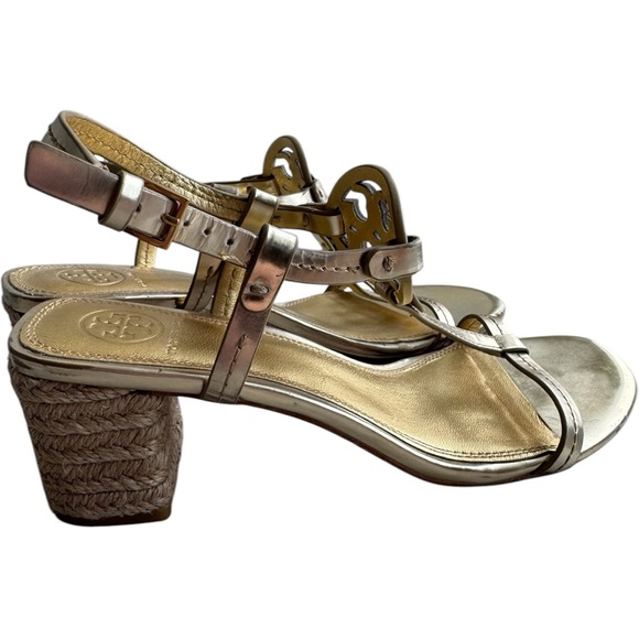 TORY BURCH Miller Leather T-strap Block Heel Sandals | Gold Espadrille 7.5 - Picture 4 of 6